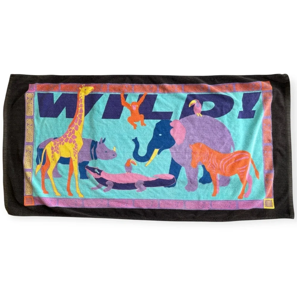 Vintage WILD! Colorful Zoo Animals Beach Towel Retro Zebra Elephant Giraffe